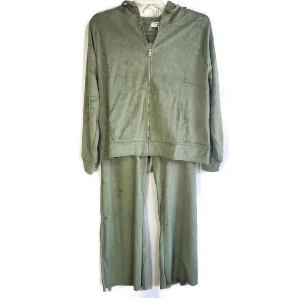 Zenana Plus Size Set Sweatpants Hoodie Full Zip Jacket Loop Terry Olive 1X - Picture 4 of 4